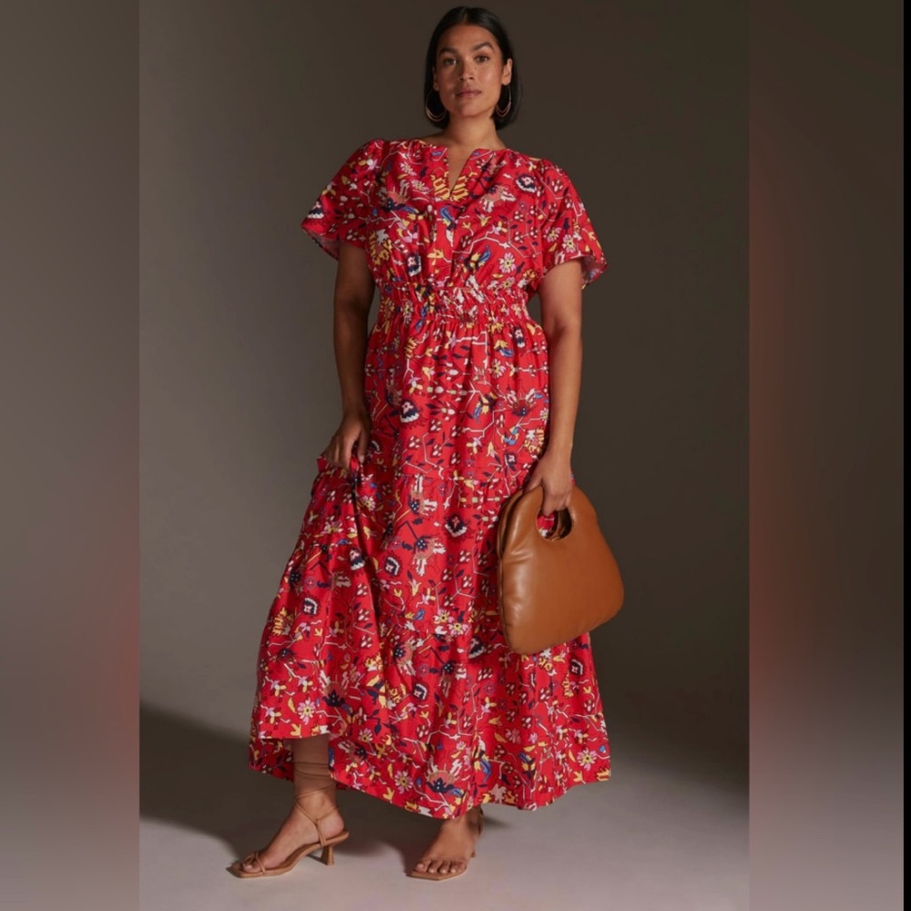 Anthropologie Maxi Dress The Somerset Red Tiered Size Large Petite Boho Festival